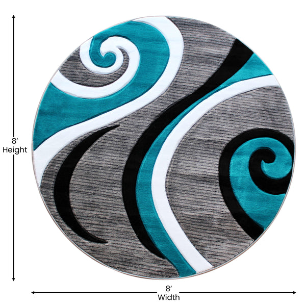 Turquoise,8' Round |#| Modern High-Low Sculpted Swirl Design Abstract Area Rug - Turquoise - 8' x 8'