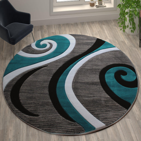 Turquoise,8' Round |#| Modern High-Low Sculpted Swirl Design Abstract Area Rug - Turquoise - 8' x 8'