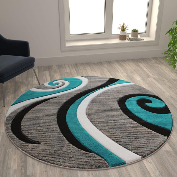 Turquoise,5' Round |#| Modern High-Low Sculpted Swirl Design Abstract Area Rug - Turquoise - 5' x 5'