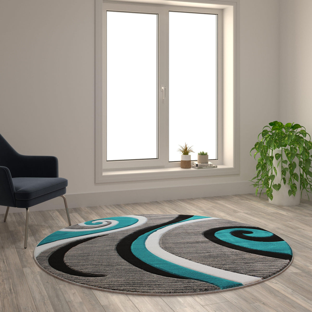 Turquoise,5' Round |#| Modern High-Low Sculpted Swirl Design Abstract Area Rug - Turquoise - 5' x 5'