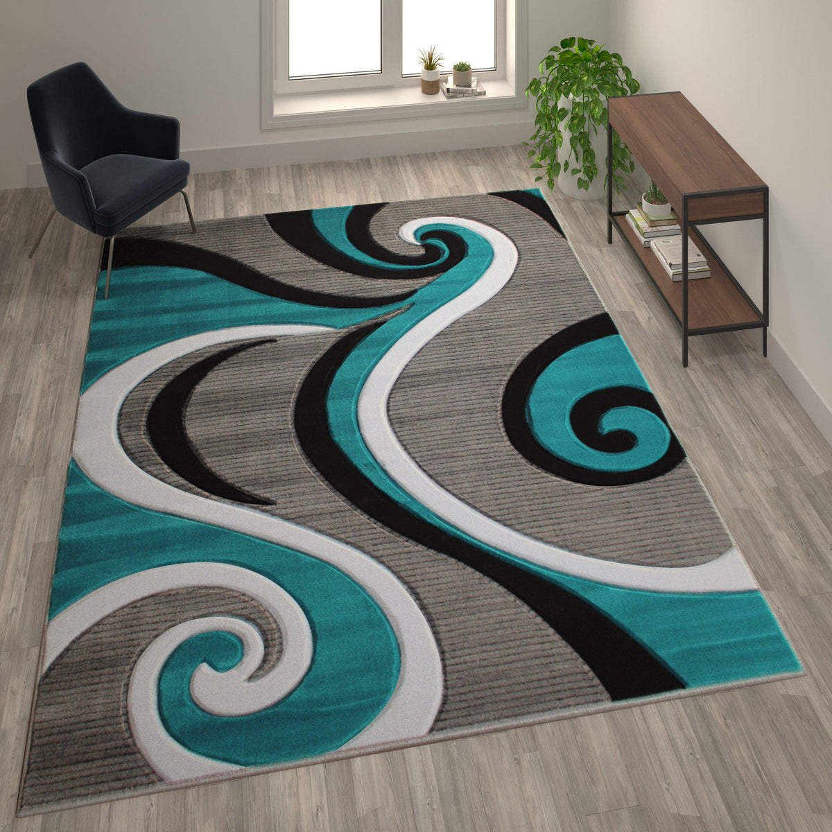 Turquoise,8' x 10' |#| Modern High-Low Sculpted Swirl Design Abstract Area Rug - Turquoise - 8' x 10'