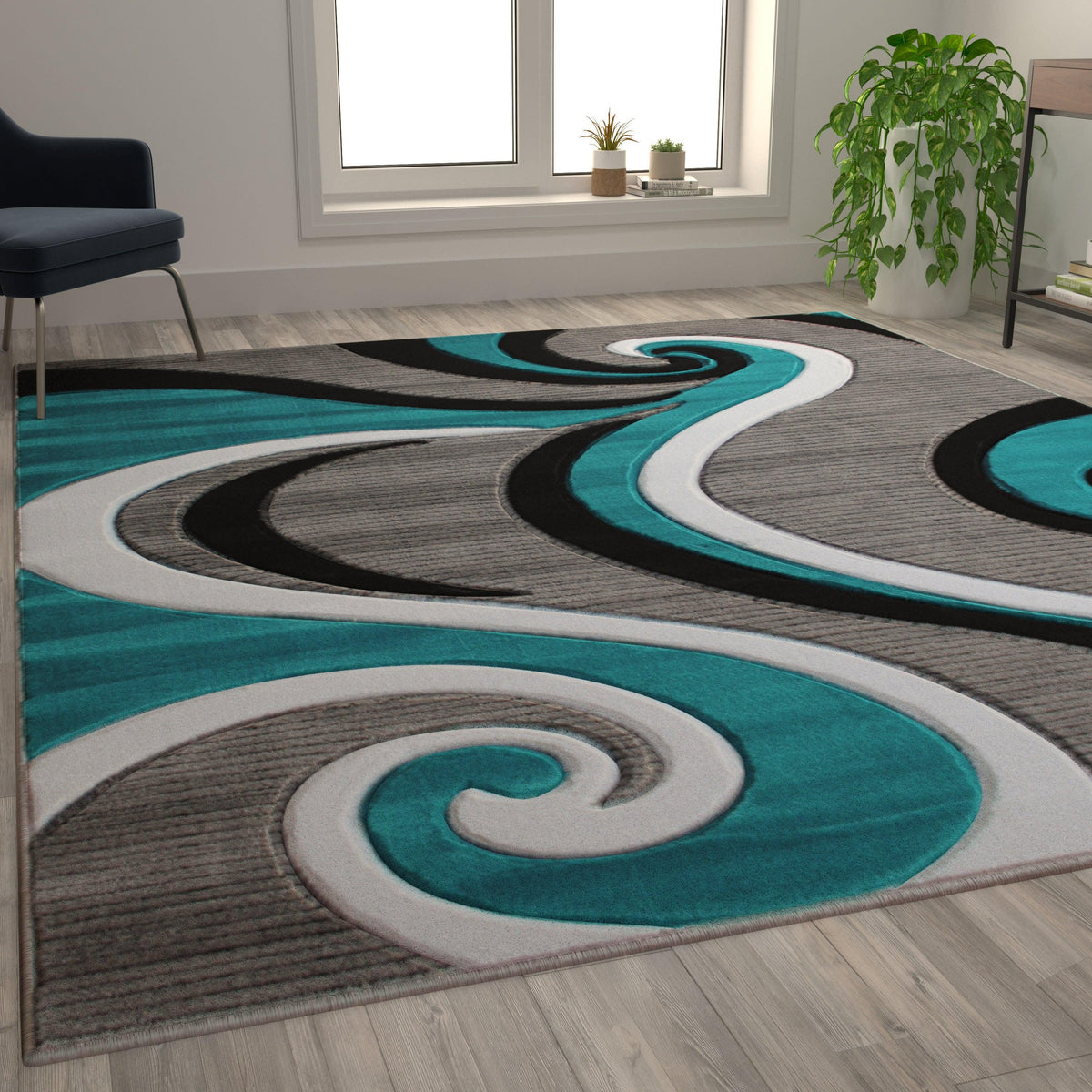 Turquoise,8' x 10' |#| Modern High-Low Sculpted Swirl Design Abstract Area Rug - Turquoise - 8' x 10'