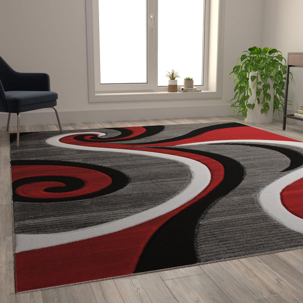 Red,8' x 10' |#| Modern High-Low Sculpted Swirl Design Abstract Area Rug - Red - 8' x 10'