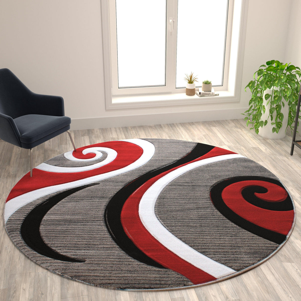 Red,8' Round |#| Modern High-Low Sculpted Swirl Design Abstract Area Rug - Red - 8' x 8'