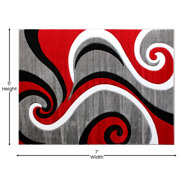 Red,5' x 7' |#| Modern High-Low Sculpted Swirl Design Abstract Area Rug - Red - 5' x 7'