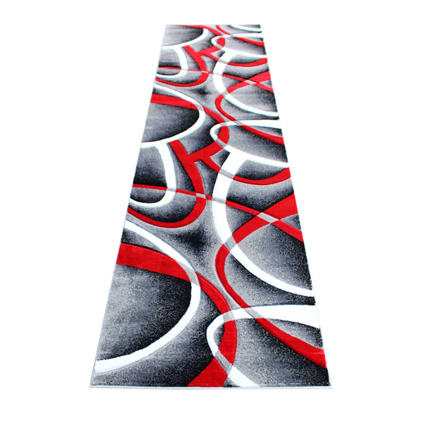 Red,3' x 10' |#| Modern Ribboned Design High-Low Pile Abstract Area Rug in Red - 3' x 10'