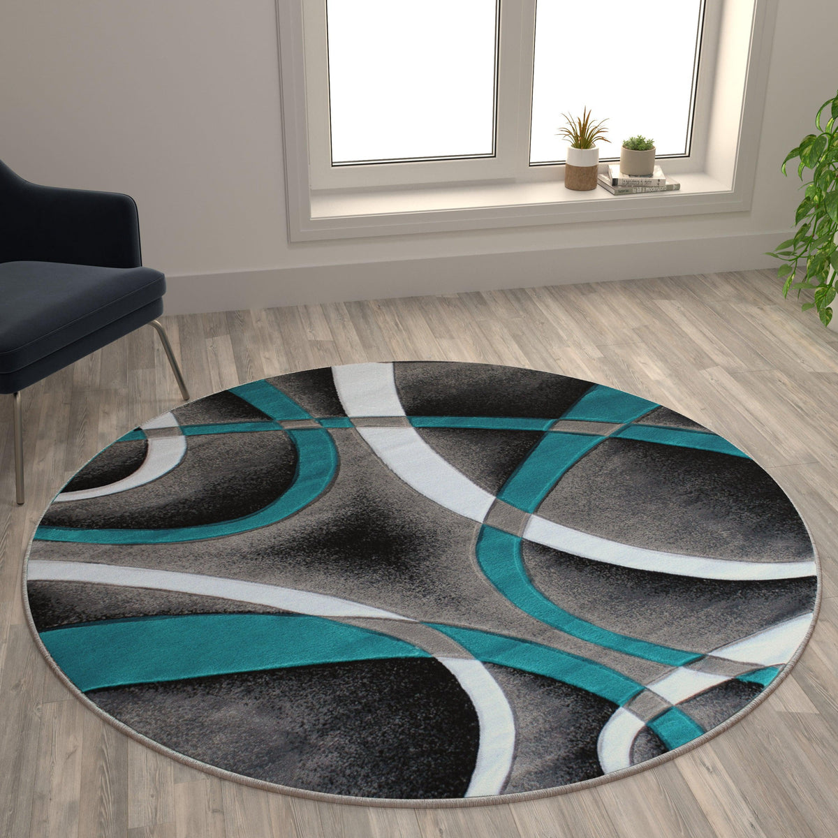 Turquoise,5' Round |#| Modern Ribboned Design High-Low Pile Abstract Area Rug in Turquoise - 5' x 5'