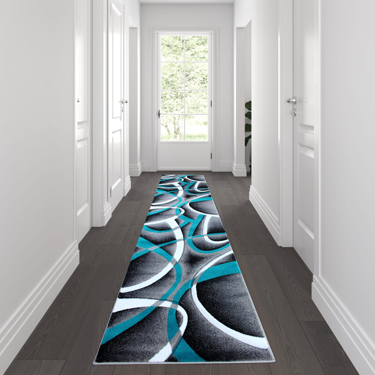 Turquoise,3' x 10' |#| Modern Ribboned Design High-Low Pile Abstract Area Rug in Turquoise - 3' x 10'