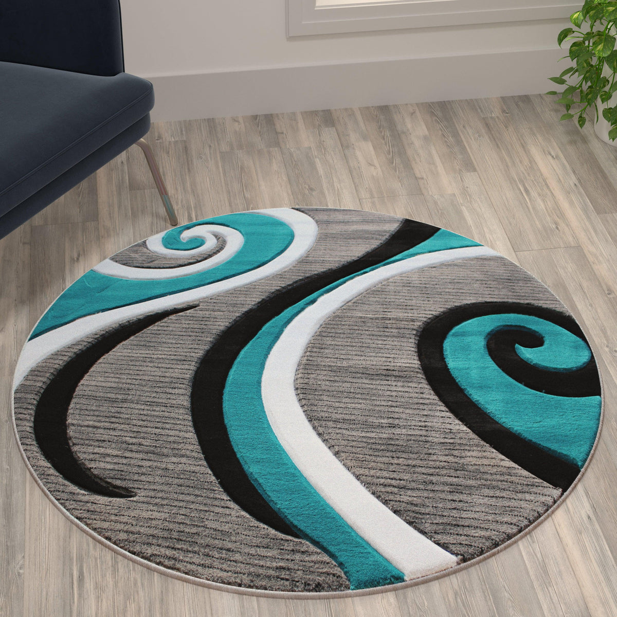 Turquoise,4' Round |#| Modern Ribboned Design High-Low Pile Abstract Area Rug in Turquoise - 4' x 4'