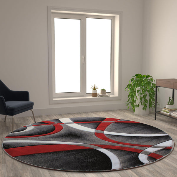 Red,8' Round |#| Modern Ribboned Design High-Low Pile Abstract Area Rug in Red - 8' x 8'