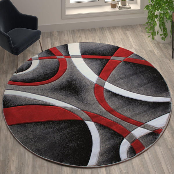 Red,8' Round |#| Modern Ribboned Design High-Low Pile Abstract Area Rug in Red - 8' x 8'