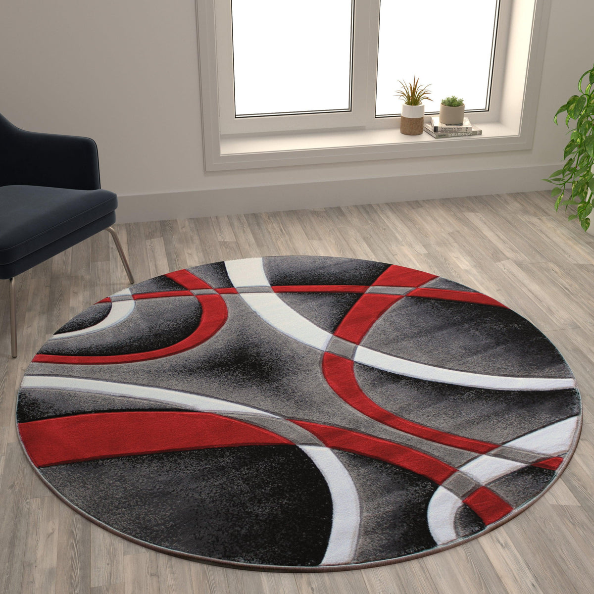 Red,5' Round |#| Modern Ribboned Design High-Low Pile Abstract Area Rug in Red - 5' x 5'