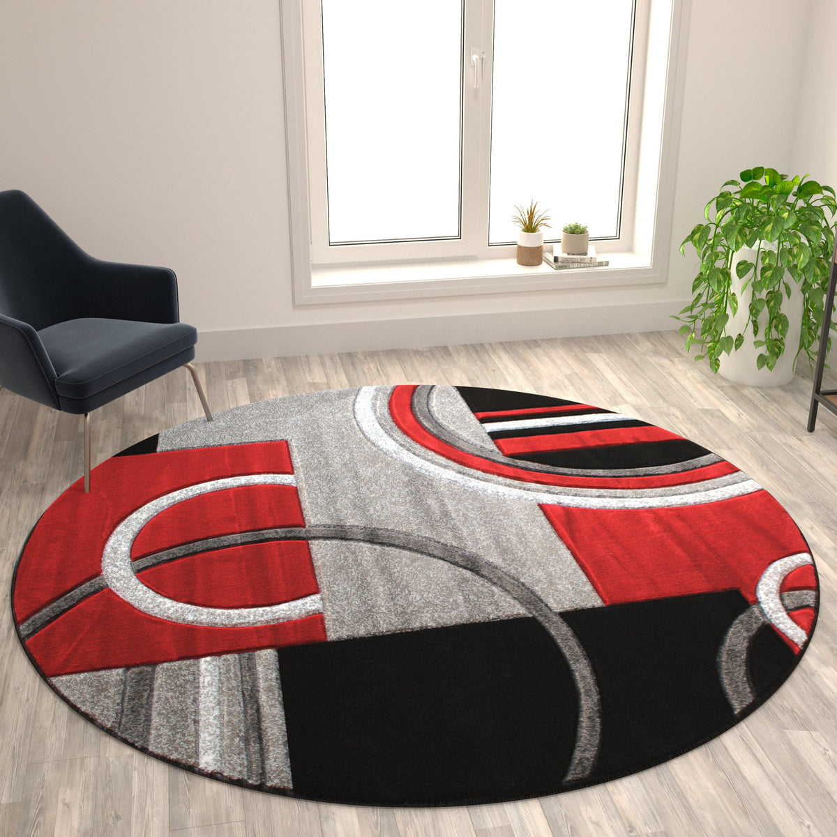 Red,8' Round |#| Modern Geometric Design Abstract Area Rug - Red, Black, & Gray - 8 x 8