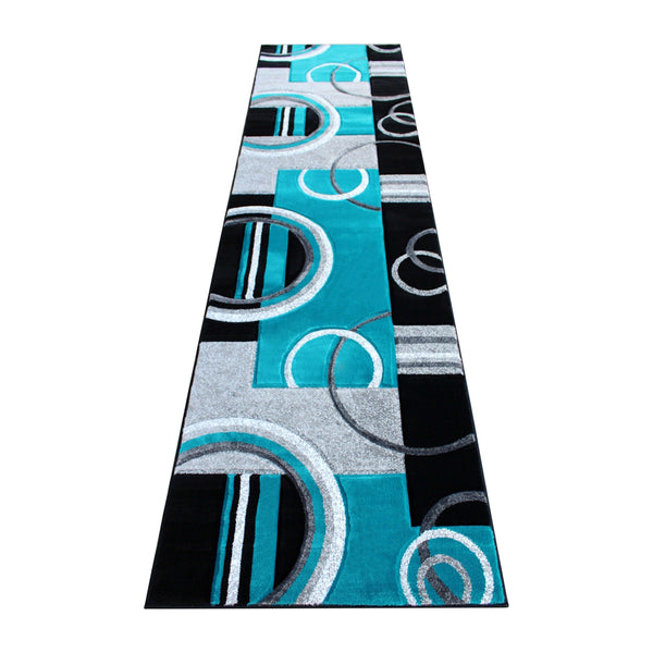 Turquoise,3' x 10' |#| Modern Geometric Design Abstract Area Rug - Turquoise, Black, & Gray - 3 x 10