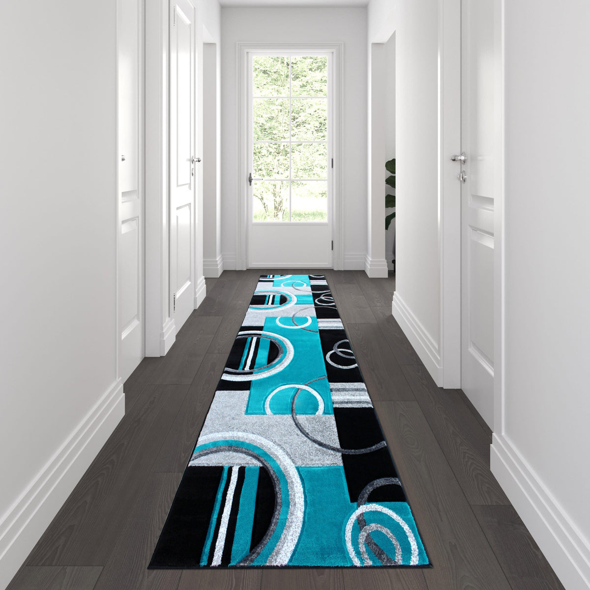 Turquoise,3' x 10' |#| Modern Geometric Design Abstract Area Rug - Turquoise, Black, & Gray - 3 x 10