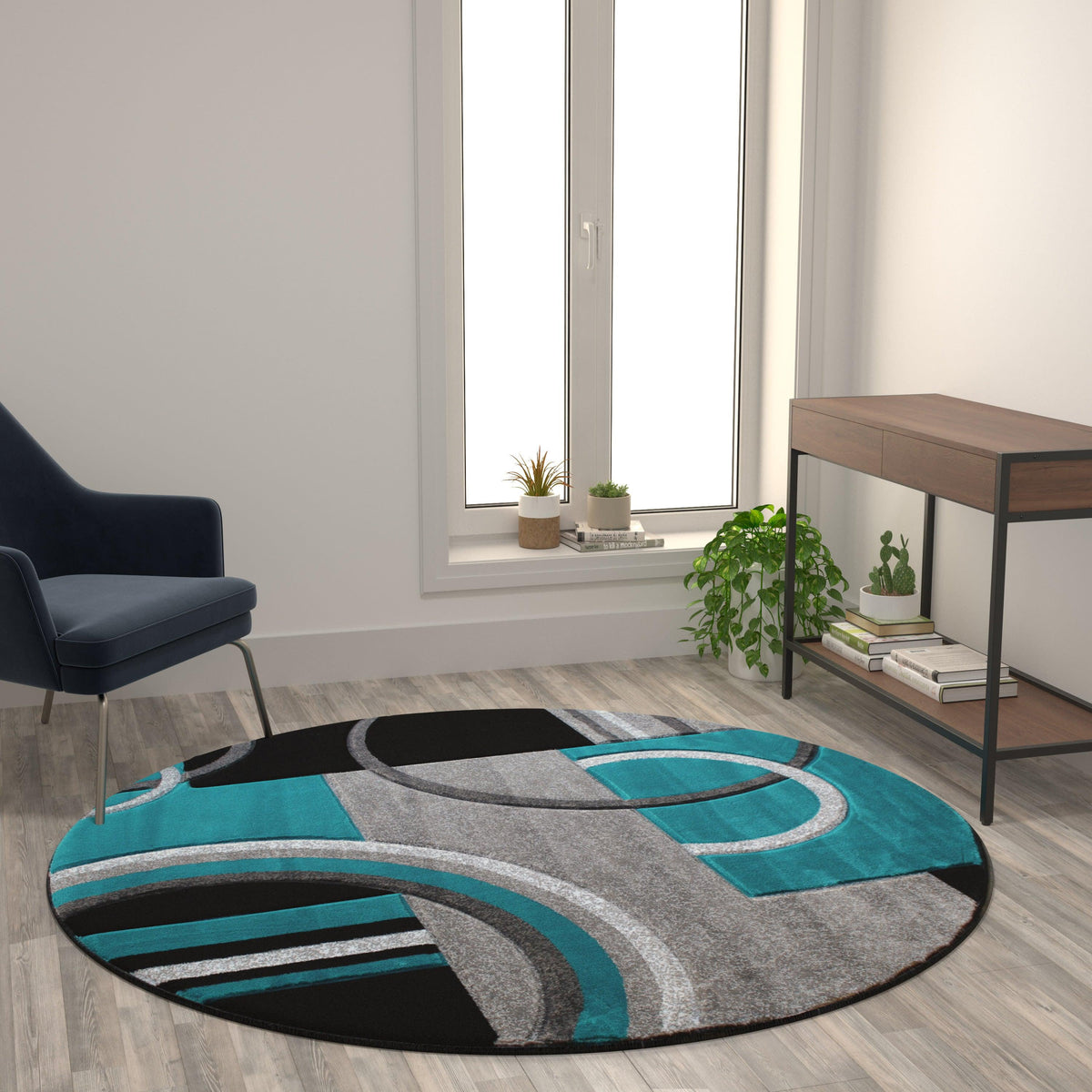 Turquoise,5' Round |#| Modern Geometric Design Abstract Area Rug - Red, Black, & Gray - 5 x 5