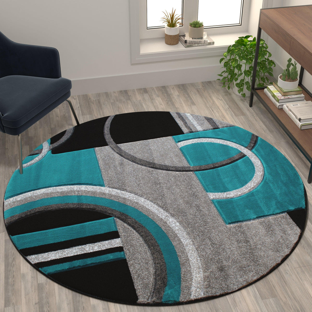 Turquoise,5' Round |#| Modern Geometric Design Abstract Area Rug - Red, Black, & Gray - 5 x 5