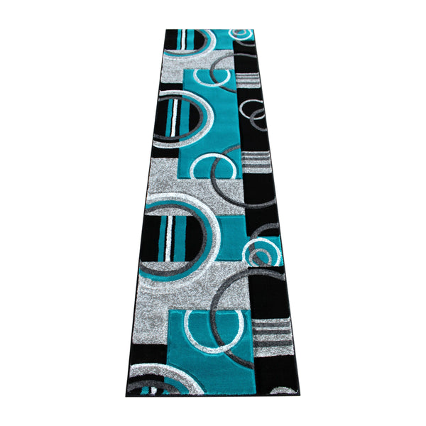 Turquoise,2' x 7' |#| Modern Geometric Design Abstract Area Rug - Turquoise, Black, & Gray - 2 x 7