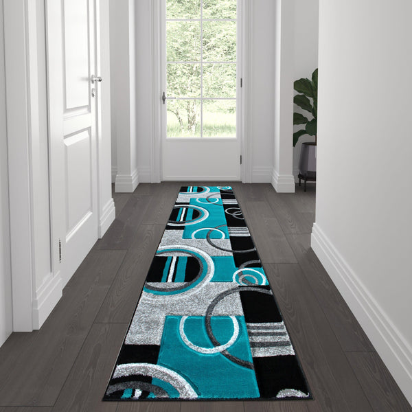 Turquoise,2' x 7' |#| Modern Geometric Design Abstract Area Rug - Turquoise, Black, & Gray - 2 x 7