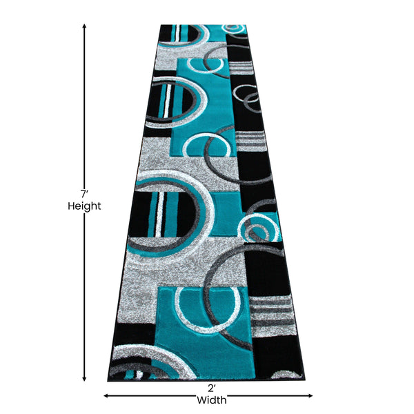 Turquoise,2' x 7' |#| Modern Geometric Design Abstract Area Rug - Turquoise, Black, & Gray - 2 x 7