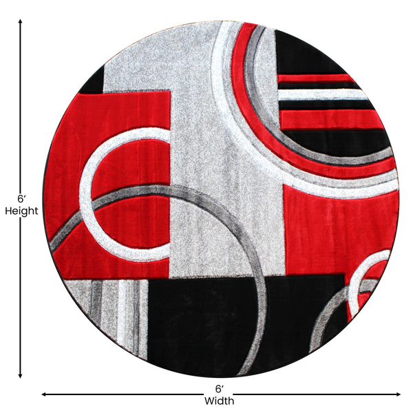 Red,5' Round |#| Modern Geometric Design Abstract Area Rug - Red, Black, & Gray - 5 x 5