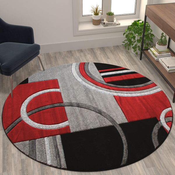 Red,5' Round |#| Modern Geometric Design Abstract Area Rug - Red, Black, & Gray - 5 x 5