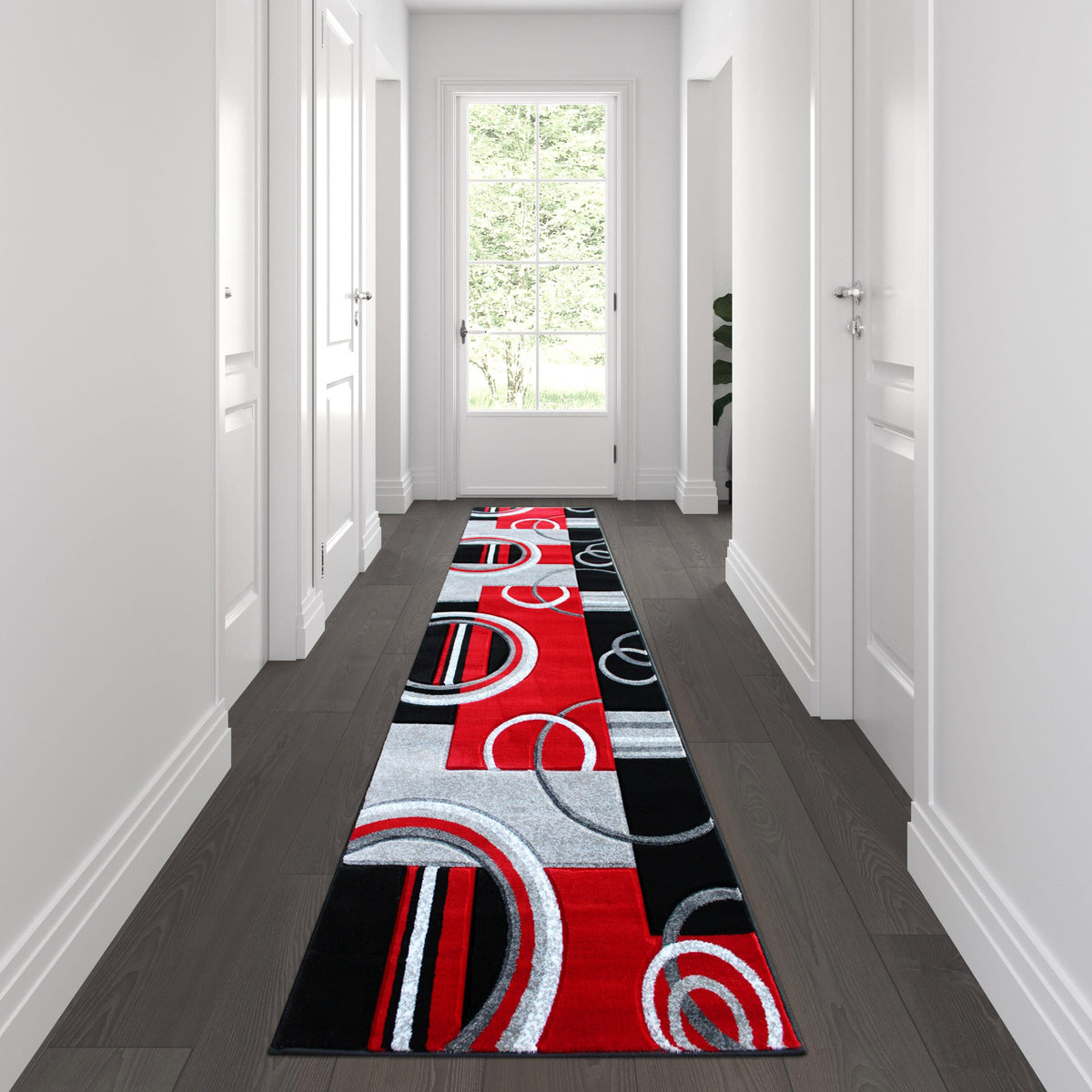 Red,3' x 10' |#| Modern Geometric Design Abstract Area Rug - Red, Black, & Gray - 3 x 10