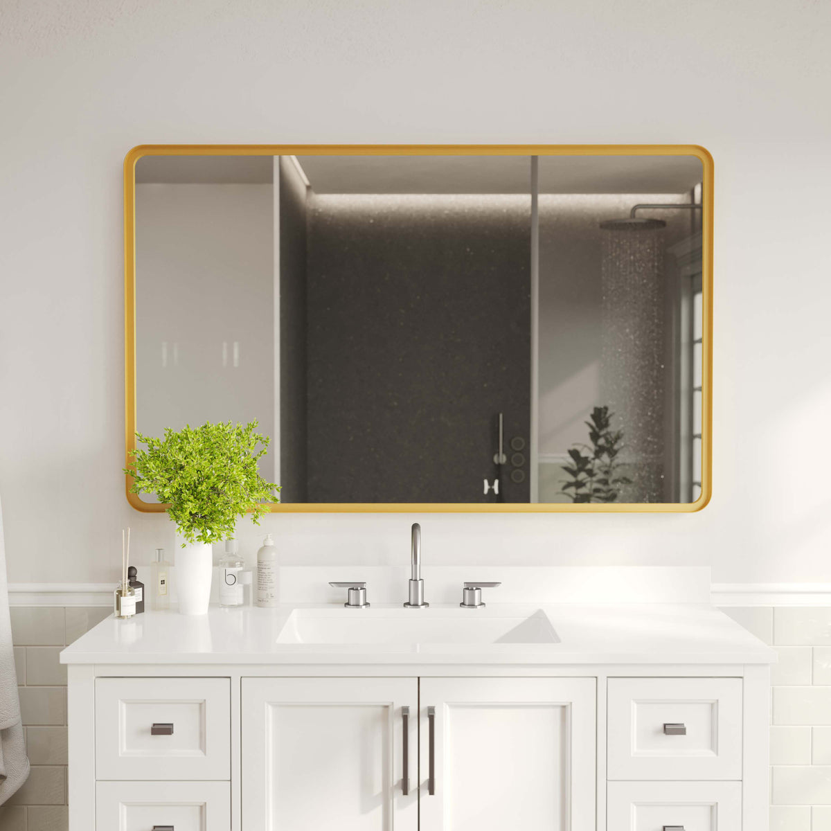 Gold,30"W x 48"L |#| Large Rectangular Accent Mirror with 2 Inch Deep Iron Frame in Gold - 48" x 30"