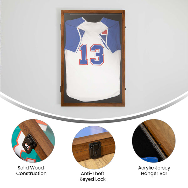 Rustic Brown |#| Wooden Jersey Display Case with Foam Board and Keyed Lock in Rustic Brown-24x36