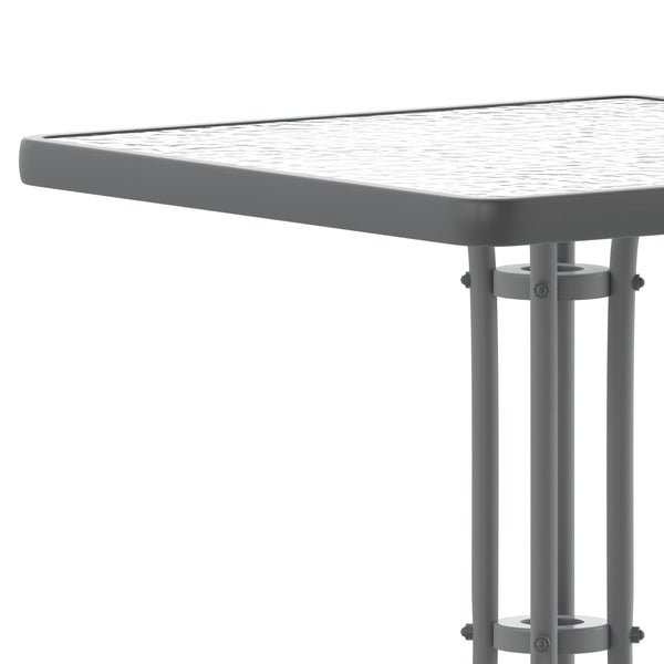 Clear/Silver |#| 23.5inch Square Tempered Glass Metal Table with Smooth Ripple Design Top