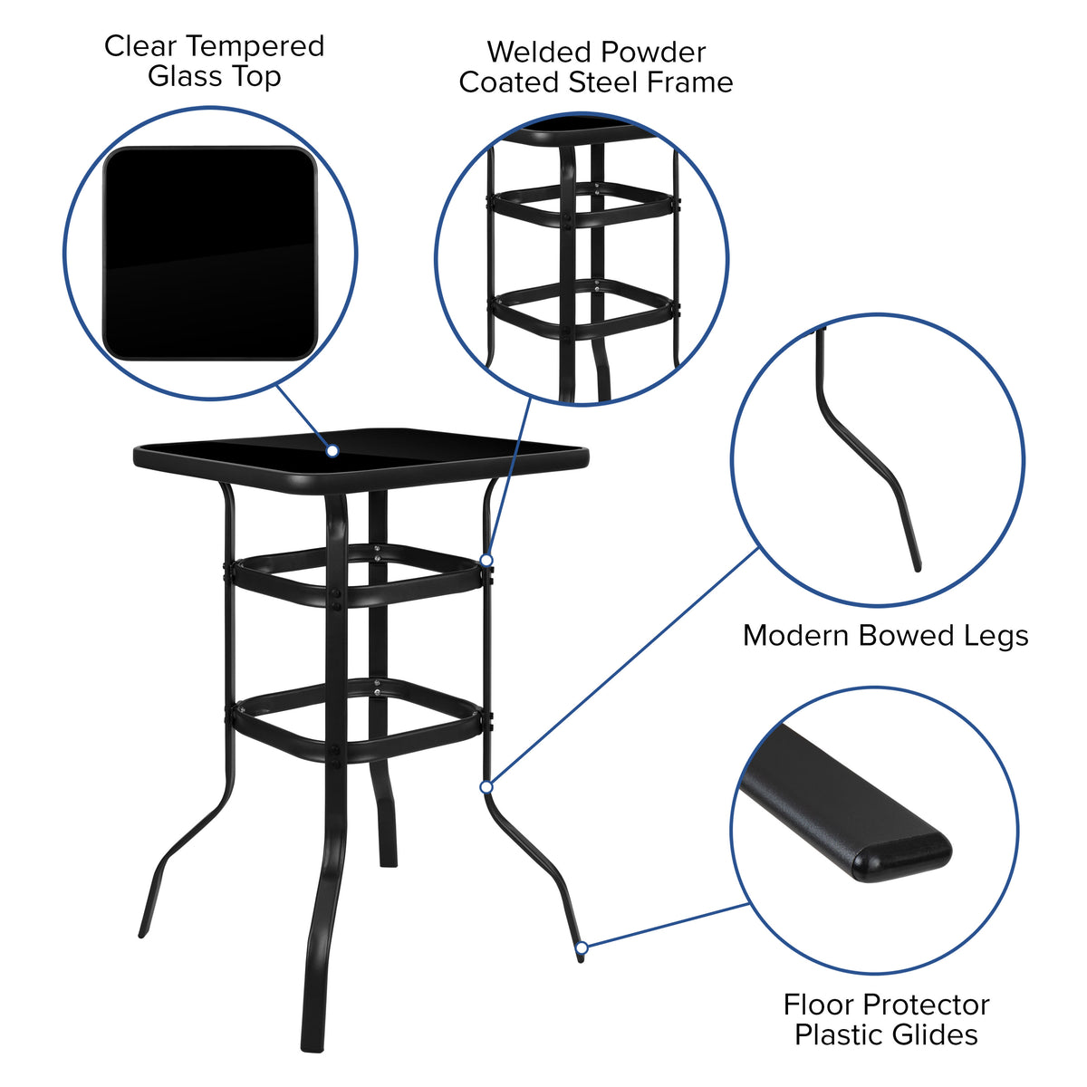 27.5inch Square Black Tempered Glass Bar Height Metal Patio Bar Table