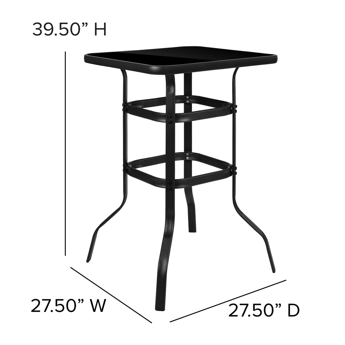 27.5inch Square Black Tempered Glass Bar Height Metal Patio Bar Table
