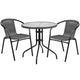 Clear/Gray |#| 28inch RD Glass Metal Table with Gray Rattan Edging and 2 Gray Rattan Stack Chairs