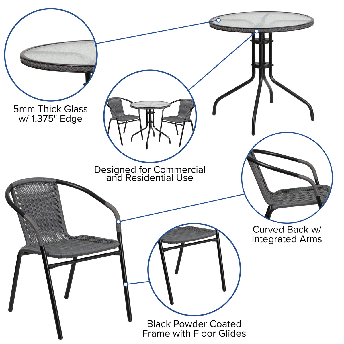 Clear/Gray |#| 28inch RD Glass Metal Table with Gray Rattan Edging and 2 Gray Rattan Stack Chairs