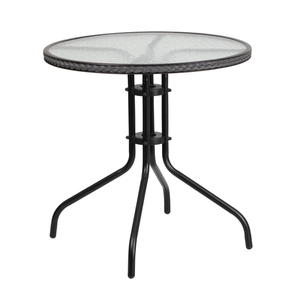 Clear/Gray |#| 28inch RD Glass Metal Table with Gray Rattan Edging and 2 Gray Rattan Stack Chairs