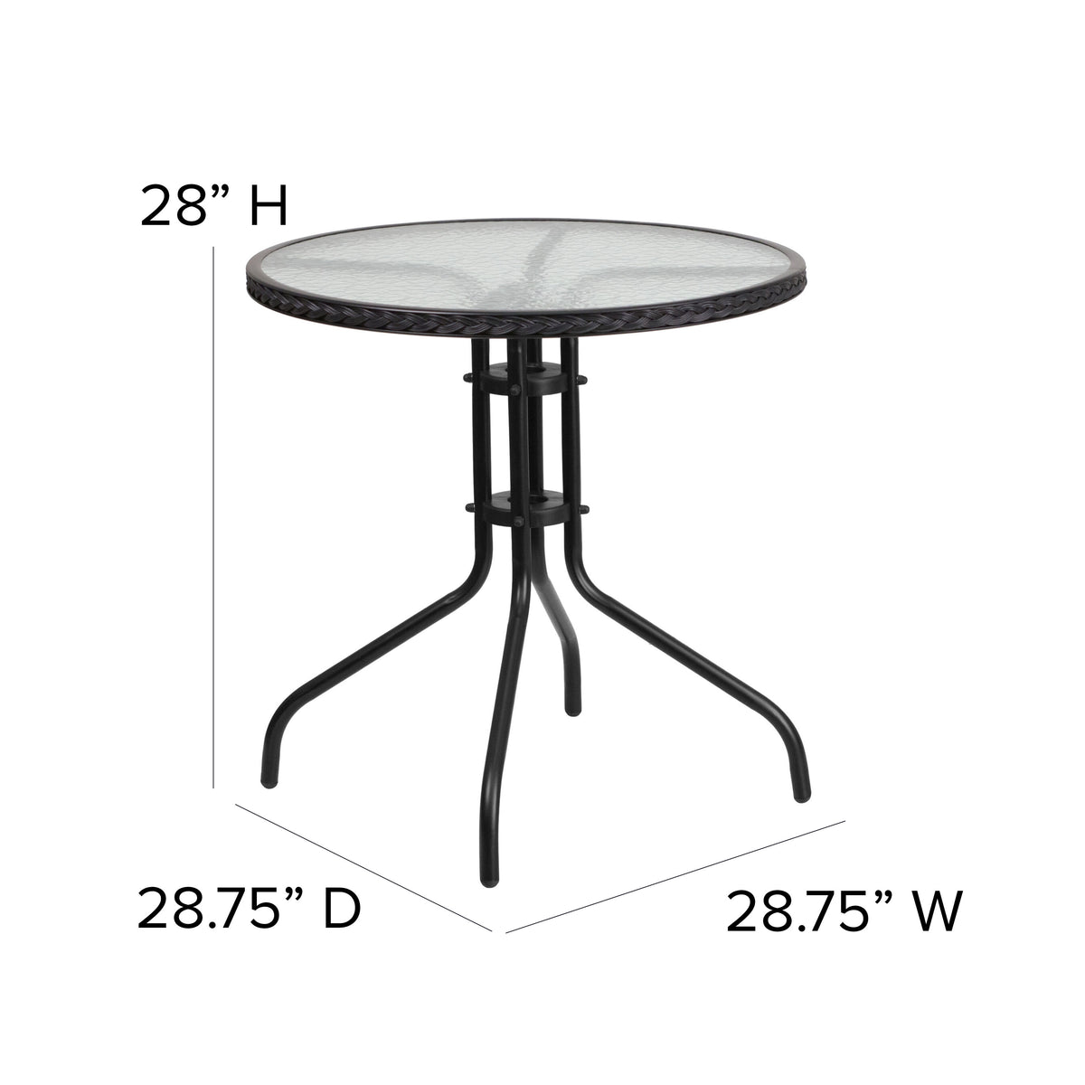 Clear/Black |#| 28inch RD Glass Metal Table with Black Rattan Edging & 2 Black Rattan Stack Chairs