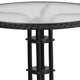 Clear/Black |#| 28inch RD Glass Metal Table with Black Rattan Edging & 2 Black Rattan Stack Chairs