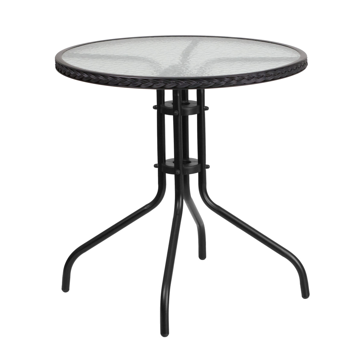 Clear/Black |#| 28inch RD Glass Metal Table with Black Rattan Edging & 2 Black Rattan Stack Chairs