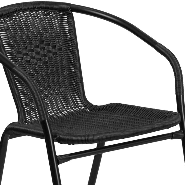 Clear/Black |#| 28inch RD Glass Metal Table with Black Rattan Edging & 2 Black Rattan Stack Chairs