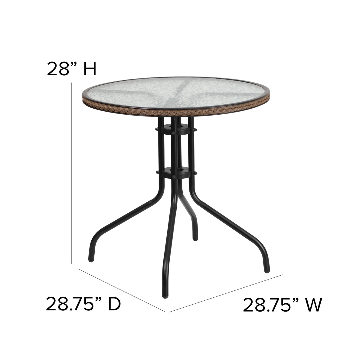 Clear/Dark Brown |#| 28inch RD Glass Metal Table w/ Dk Brown Rattan Edging & 2 Dk Brown Rattan Chairs