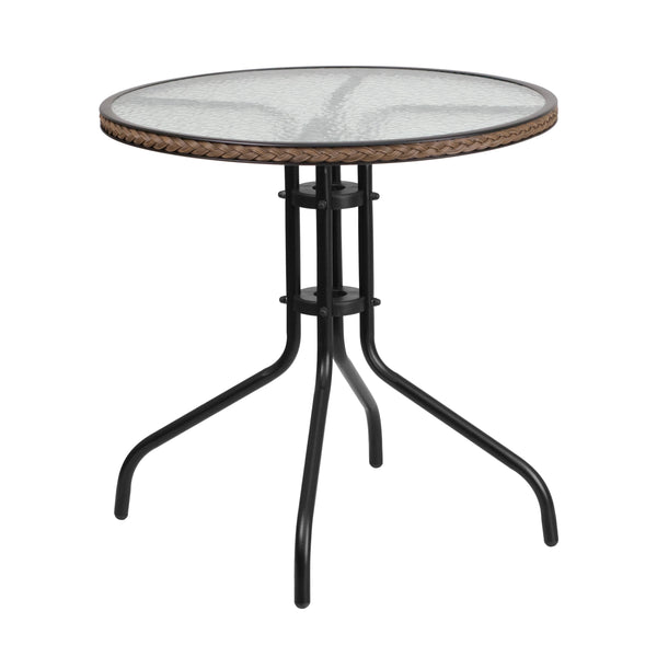 Clear/Dark Brown |#| 28inch RD Glass Metal Table w/ Dk Brown Rattan Edging & 2 Dk Brown Rattan Chairs