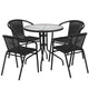 Clear/Black |#| 28inch RD Glass Metal Table with Black Rattan Edging & 4 Black Rattan Stack Chairs