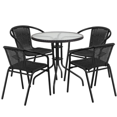 Barker 28'' Round Glass Metal Table with Rattan Edging and 4 Rattan Stack Chairs