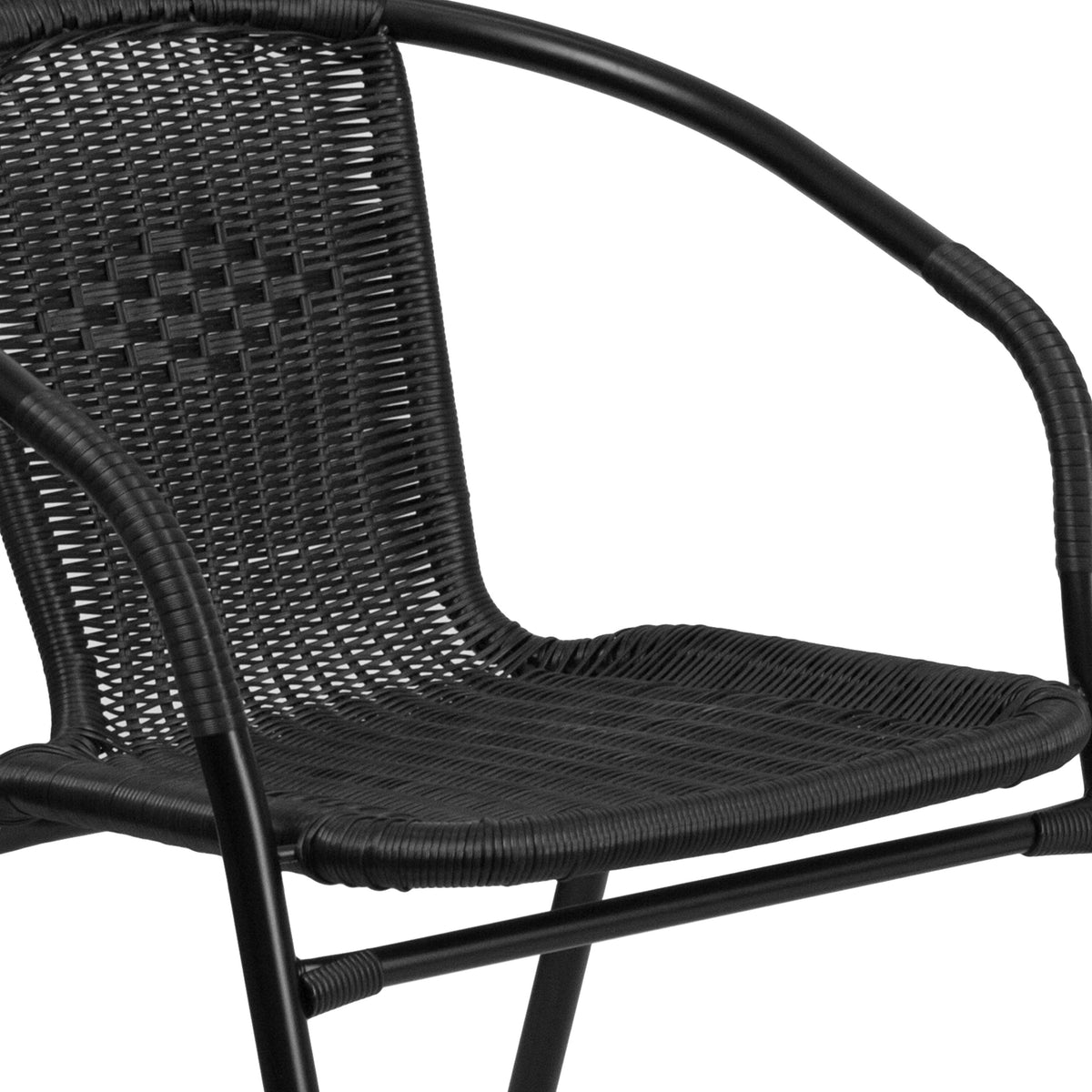 Clear/Black |#| 28inch RD Glass Metal Table with Black Rattan Edging & 4 Black Rattan Stack Chairs