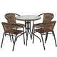 Clear/Dark Brown |#| 28inch RD Glass Metal Table w/ Dk Brown Rattan Edging & 4 Dk Brown Rattan Chairs