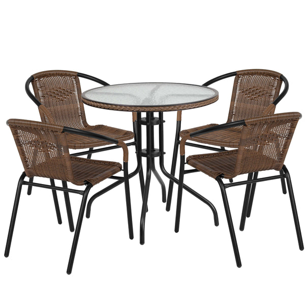 Clear/Dark Brown |#| 28inch RD Glass Metal Table w/ Dk Brown Rattan Edging & 4 Dk Brown Rattan Chairs