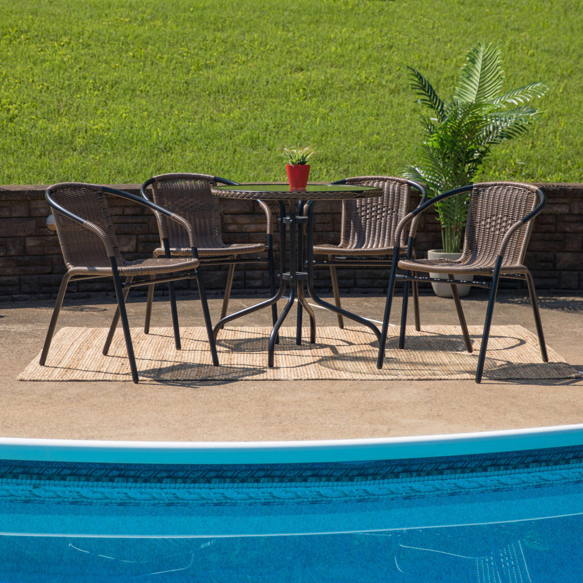 Clear/Dark Brown |#| 28inch RD Glass Metal Table w/ Dk Brown Rattan Edging & 4 Dk Brown Rattan Chairs