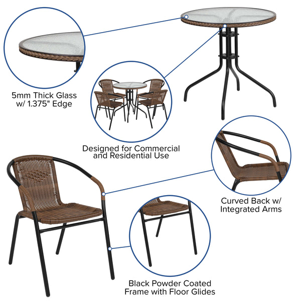 Clear/Dark Brown |#| 28inch RD Glass Metal Table w/ Dk Brown Rattan Edging & 4 Dk Brown Rattan Chairs