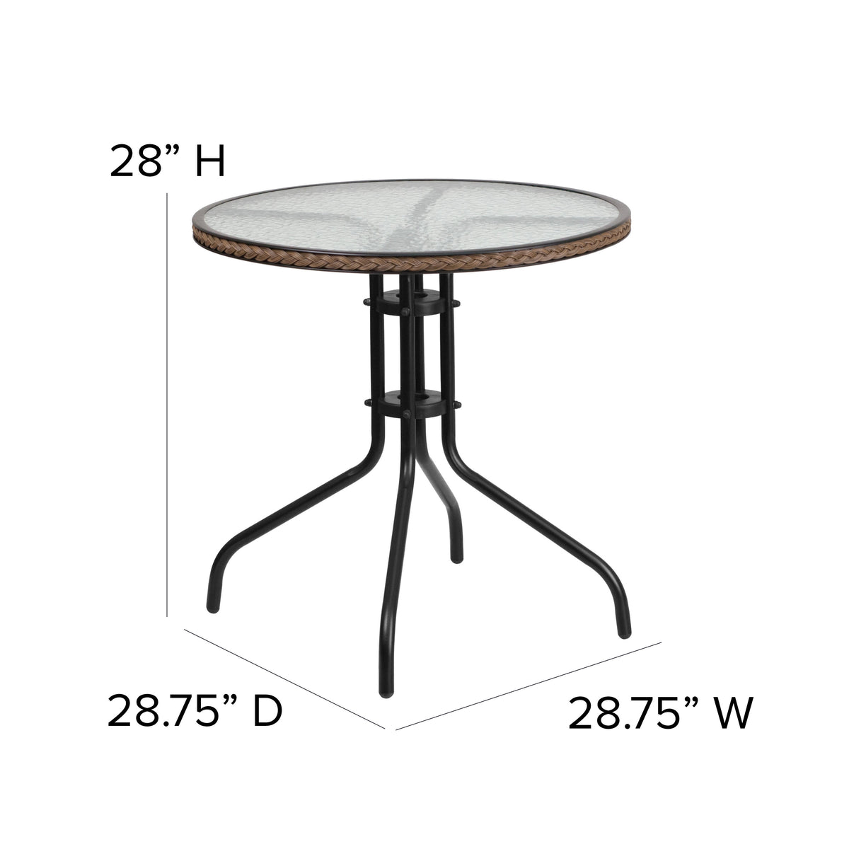 Clear/Dark Brown |#| 28inch RD Glass Metal Table w/ Dk Brown Rattan Edging & 4 Dk Brown Rattan Chairs