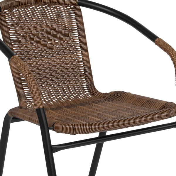 Clear/Dark Brown |#| 28inch RD Glass Metal Table w/ Dk Brown Rattan Edging & 4 Dk Brown Rattan Chairs